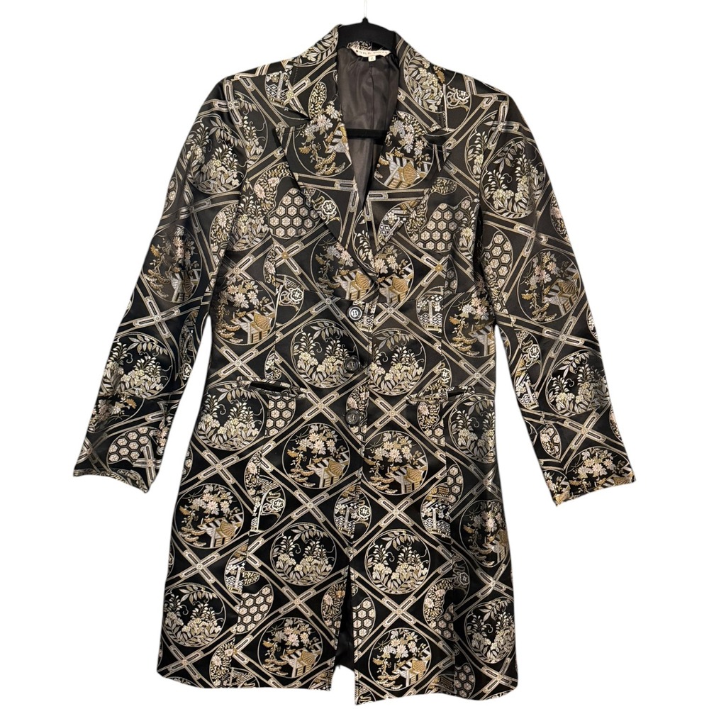 VTG Silk Box Jacquard Silk Blend Coat Sz 6 90s Brocade Longline Jacket Academia